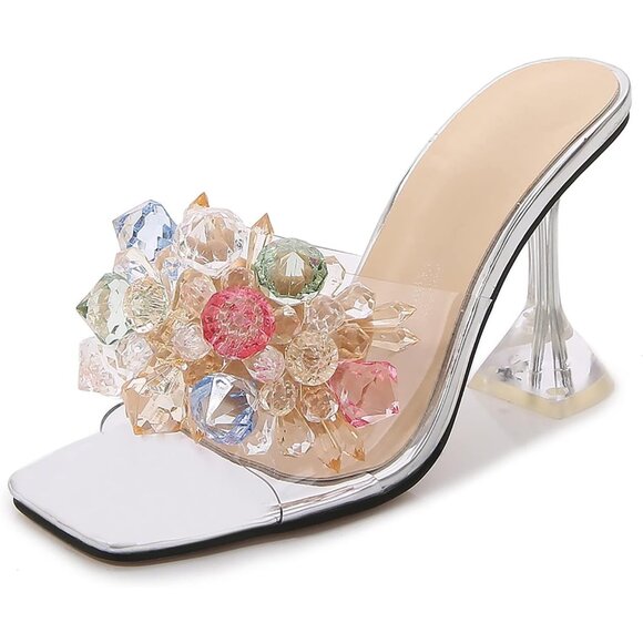 Elegant Women Crystal Flower Silver Heels Square Toe Stiletto Mule Dress Sandals - Picture 1 of 7